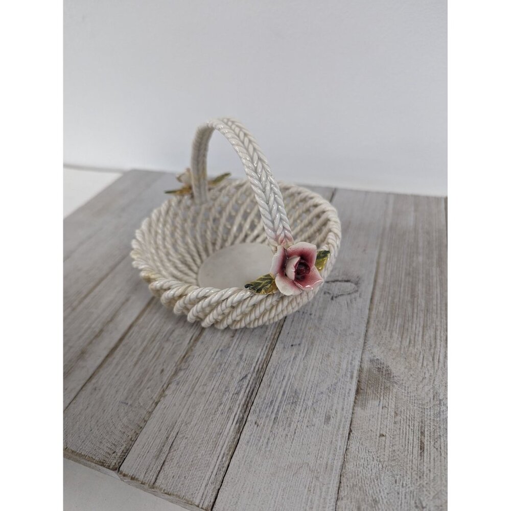 Vintage Woven Basket #2 Weave Ceramic Trinket Dish Handle Roses Spain White Pink